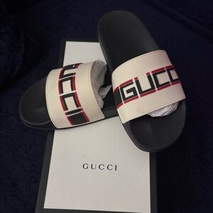 Gucci Black and White Logo Slide Sandals with Red and Black Accents